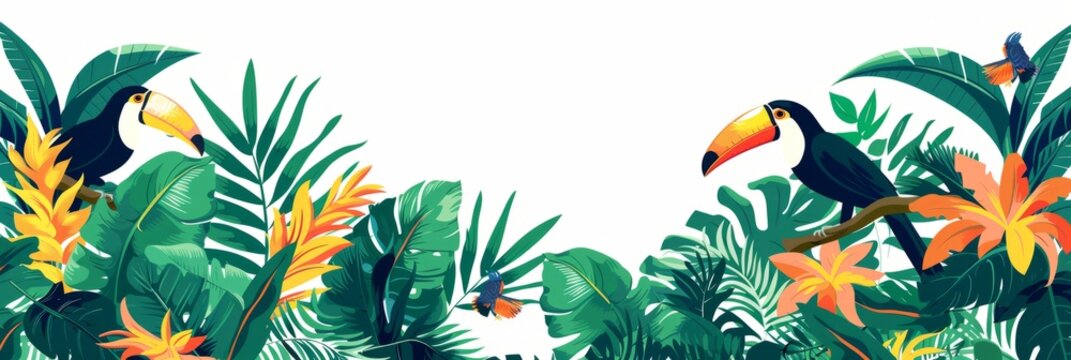Colorful jungle foliage border with toucans and parrots for summer party decoration or travel concept banner Generative AI