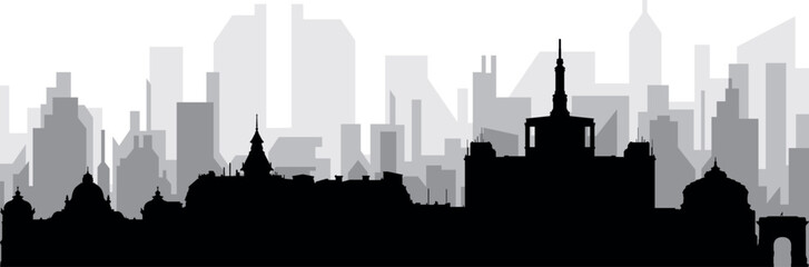 Obraz premium Black cityscape skyline panorama with gray misty city buildings background of BUCHAREST, ROMANIA