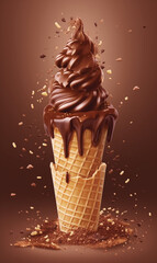 Chocolate ice cream dessert cone with sprinkles сreated with Generative Ai