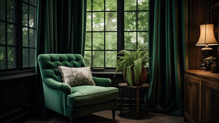 Luxurious Dark Green Armchair in a Classic Study with Moody Lighting and Lush Indoor Plants