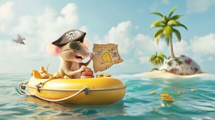 A mouse dressed as a pirate floats on a yellow inflatable boat surrounded by scattered gold coins, holding a treasure map with an exotic island in the background - obrazy, fototapety, plakaty