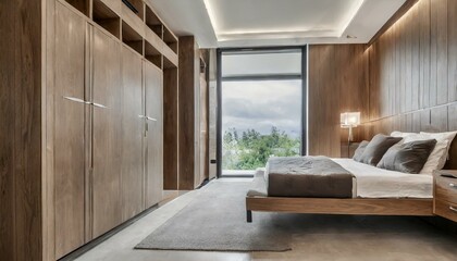 Contemporary Chic: Stylish Bedroom Design Featuring Wooden Wardrobe with Glossy Sliding Doors
