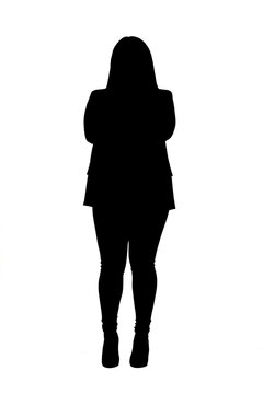 silhouette of a  woman with pants, blazer and high heels on white background, arms crossed