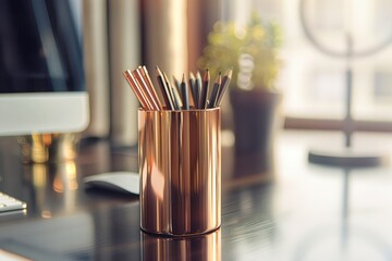 A hyper-realistic image of a rose gold pencil cup filled with an array of pens and pencils on a sleek modern desk bathed in bright lighting