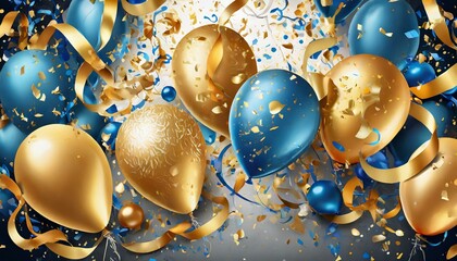 Celebration Splendor: Golden and Blue Metallic Balloons, Confetti, and Ribbons Adorn Festive Holiday Background