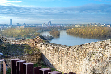 Belgrade Kalemegdan Fortress or Beogradska Tvrdjava and view on Danube