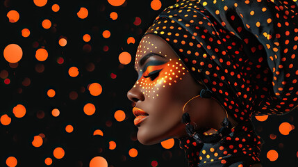 Beautiful fashion model woman with bold eyes. Fashion portrait isolated on orange and black polka...