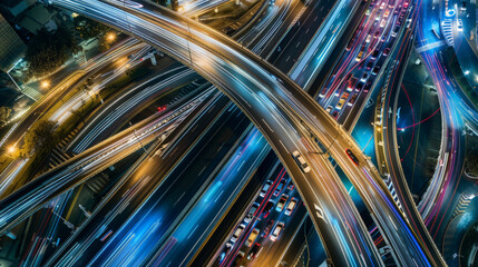 Fototapeta na wymiar Aerial view of Road Traffic jam on multiple lane highway with speed light trail from car background, night scene