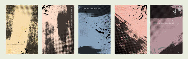 Trend style posters with halftone texture, typography set. Colored distorted grunge layers. Design for brochure, banner, social media, posters, template. Overlay texture with effect damaged, dry brush © Anatoliy