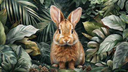 a painting of a rabbit sitting in the middle of a jungle with lots of plants and pine cones on the ground.