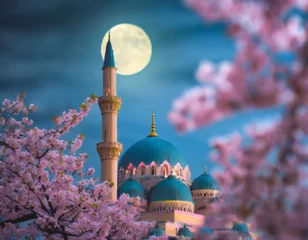 Fotobehang midnight moon with mosque and japan view © su