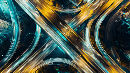 Aerial view of Road Traffic jam on multiple lane highway with speed light trail from car...