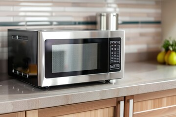 Fototapeta premium Modern kitchen with stainless steel appliances, wooden cabinets, and a digital display microwave oven on a sleek countertop. Interior design featuring kitchen technology and cooking appliances