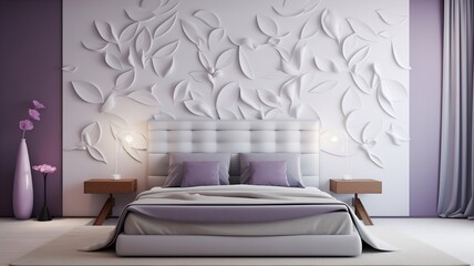 A serene bedroom adorned with lavender and white 3D wall panels, creating a tranquil and calming atmosphere.