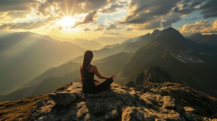 The picture of the young or adult female human doing the yoga pose for relaxation or meditating the mind in the middle of the nature under the bright sun in the daytime of a dawn or dusk day. AIGX03. - obrazy, fototapety, plakaty