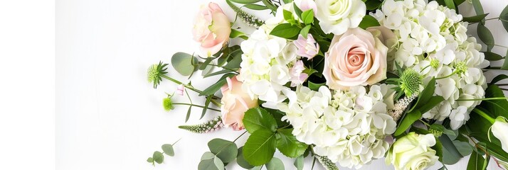 Top-down shot of a bouquet featuring pink roses, hydrangeas, and green foliage, set on a white surface, banner with copy space, card, happy birthday