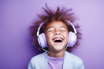 A cheerful kid model, enjoying music on headphones against a lavender solid wall background.