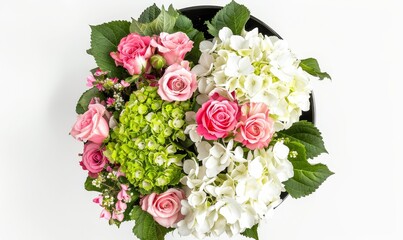 Overhead view of a mixed floral arrangement with pink roses and white hydrangeas against a white background. Concept card happy birthday, cover, advertising a bouquet in a flower shop.