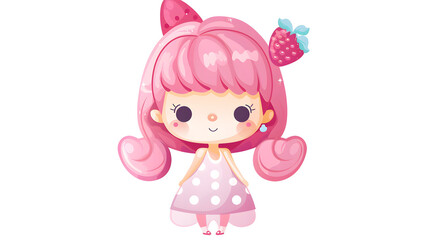 A delightful illustration of a girl character with strawberry-themed accessories and soft, pastel colors