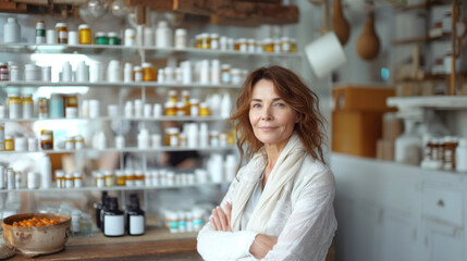 Portrait of a woman pharmacist, blurred pharmacy background. Pharmacy and medicine concept.