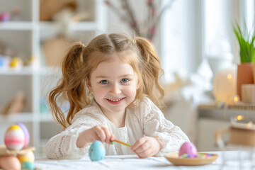 Funny girl 4 years old with blue eyes plays at home, decorated, painting Easter eggs, have fun in light room. Happy childhood. Educational games. Adorable kids spending time in kindergarten