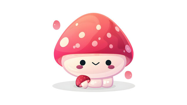 The picture depicts a cute, smiling mushroom character holding a miniature version of itself under a pastel background