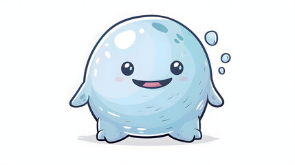 Illustration of a cute, plump blue creature smiling with bubbly details and shiny texture, evoking joy