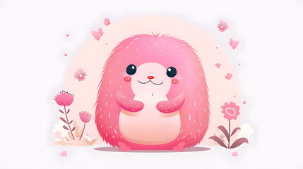 Enchanting illustration of a fluffy pink creature among blooming flowers, expressing warmth and comfort