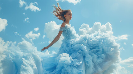 Beautiful fashion model woman with blue flowy dress. Fashion portrait isolated on sky blue background	