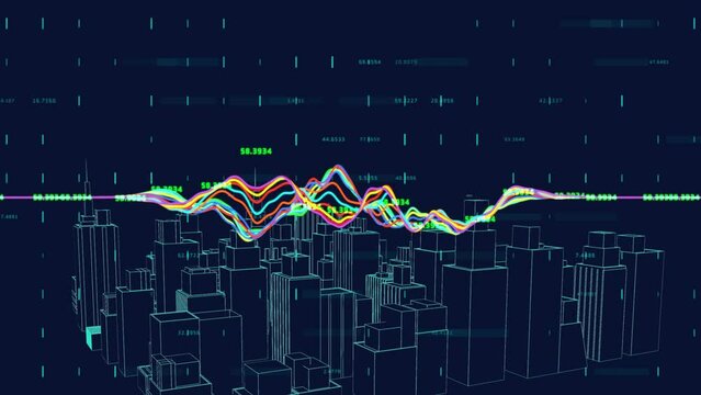 Animation of financial data processing over digital city model on black background