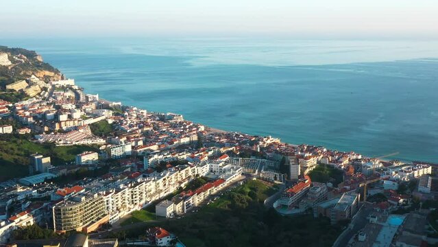 Aerial view drone video of the city of Sesimbra, Portugal, winter, 2024