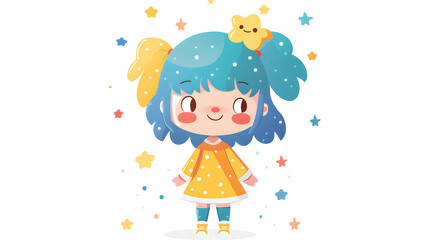 This charming illustration showcases a cute girl with blue hair adorned with stars and a bright yellow dress