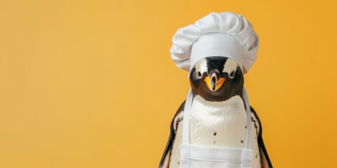 Chef penguin on yellow background, free space for text
