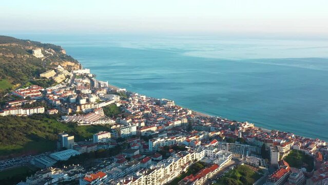 Aerial view drone video of the city of Sesimbra, Portugal, winter, 2024