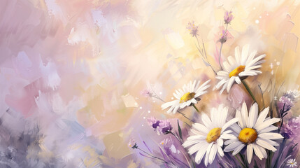 Painted daisies and wildflowers on sunny day light bokeh background 