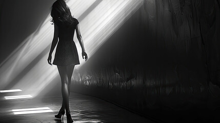 Beautiful fashion model woman silhouette in fashion show. Fashion portrait isolated on ramp background	