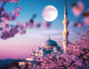 midnight moon with mosque and japan view - obrazy, fototapety, plakaty
