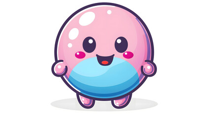 Pink character with big eyes holding a blue orb, symbolizing care and gentleness in a minimalist style