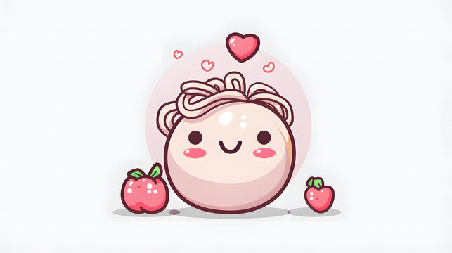 A kawaii mochi character accompanied by strawberries, depicted with a delightful and loveable expression