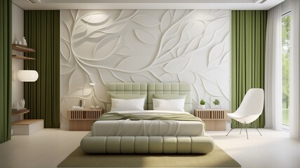 A serene bedroom featuring seamless olive and white 3D wall elements, fostering a peaceful atmosphere.