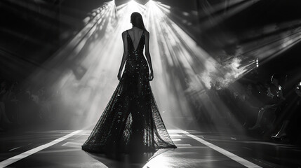 Beautiful fashion model woman silhouette in fashion show. Fashion portrait isolated on ramp...