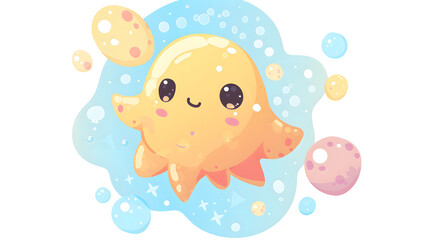 A gleaming golden starfish character surrounded by pastel-colored bubbles set against a space-themed backdrop