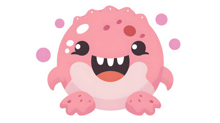 A friendly pink monster character with a broad smile and playful spots, exuding positive vibes and excitement
