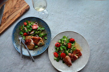 Saltimbocca. Veal schnitzel with sage and Parma ham. Italian specialty. close up view, yummy