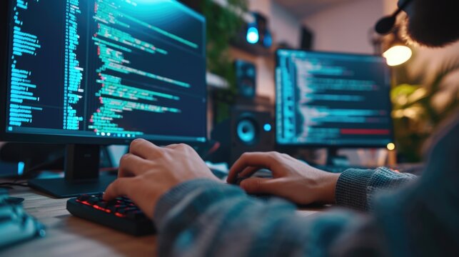 Close-up of a programmer's hands typing on a backlit keyboard, with lines of code displayed across multiple computer screens. AIG41