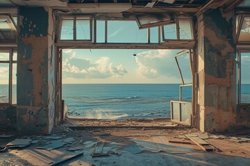Calm sea view from interior of damaged building