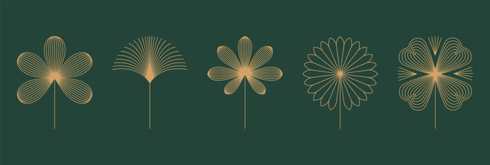 Vector set of linear boho icons and symbols - floral illustrations, abstract design elements, logo templates in modern minimalist line style, botanical organic cosmetics - 757520958
