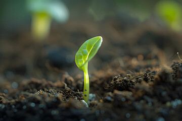 a tiny seedling just emerging from the soil, with delicate roots reaching down into the earth