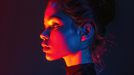 Beautiful fashion model woman with neon lights on face. Fashion portrait isolated on black background	