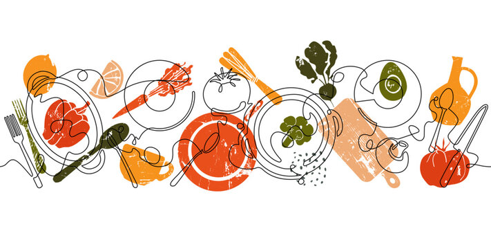 Table with food and utensils isolated on white background. Top view illustration. Vector pattern.